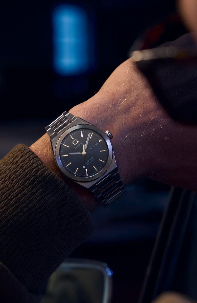 Timex<sup>®</sup> Q Continental Blue Dial Bracelet Watch, 39mm, Alternate, color, Black