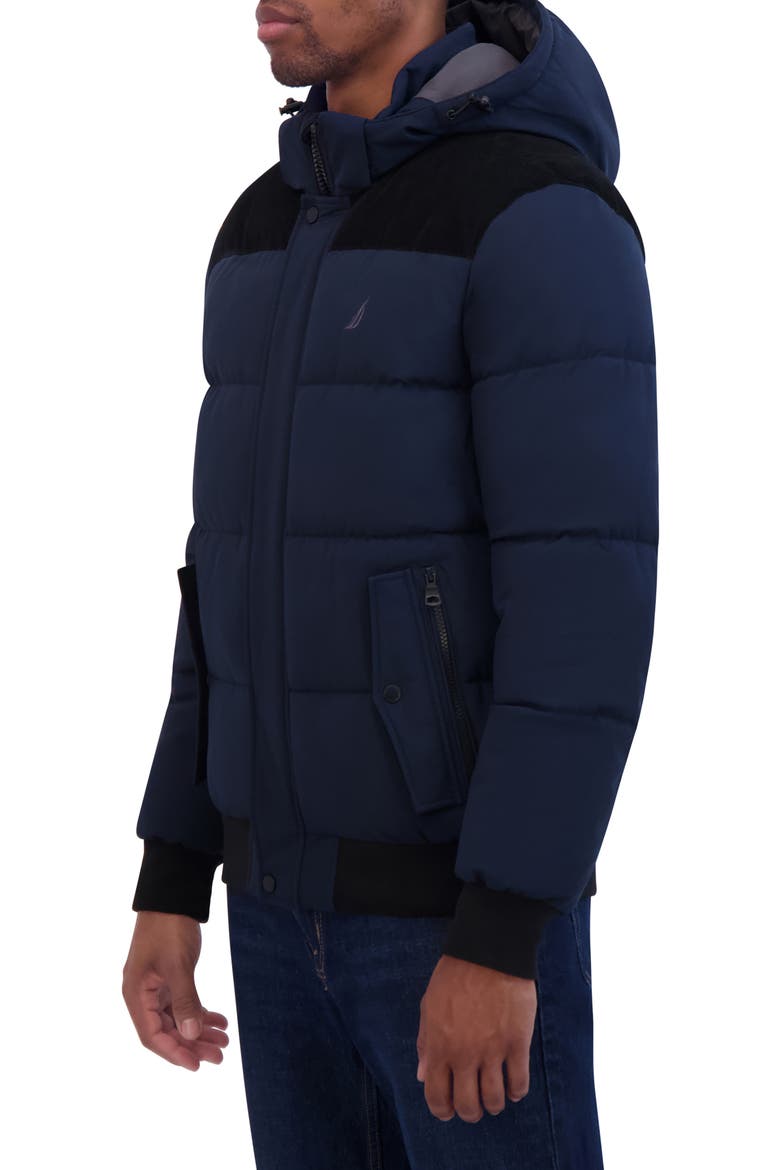 Water Resistant Mixed Media Bomber Jacket, Alternate, color, NAVY
