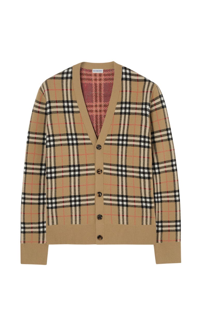 Burberry Check Wool Blend Cardigan, Main, color, Sand Beige