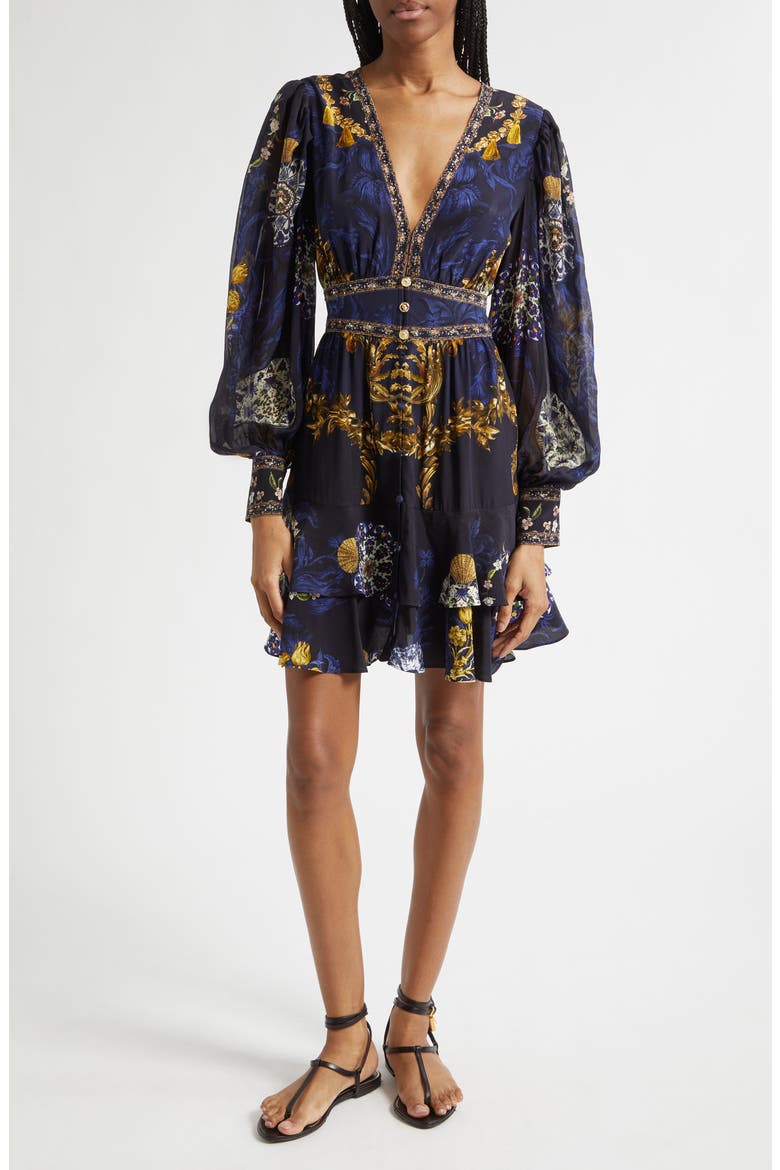Beaded Print Long Sleeve Silk Dress, Main, color, NOTES FROM THE BLUE ROOM