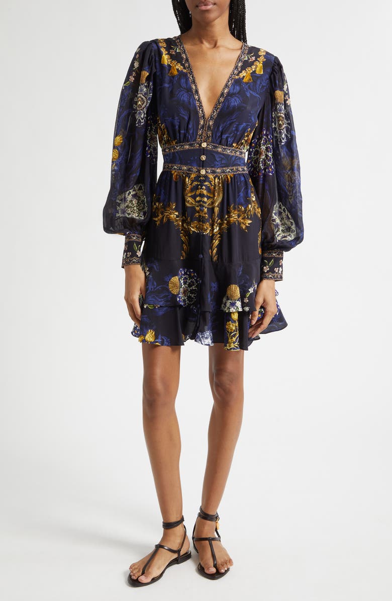 Camilla Beaded Print Long Sleeve Silk Dress, Main, color, Notes From The Blue Room