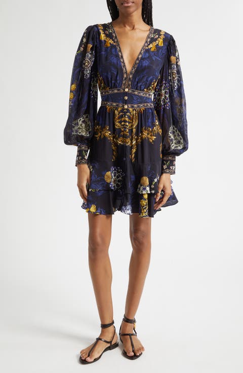 Beaded Print Long Sleeve Silk Dress