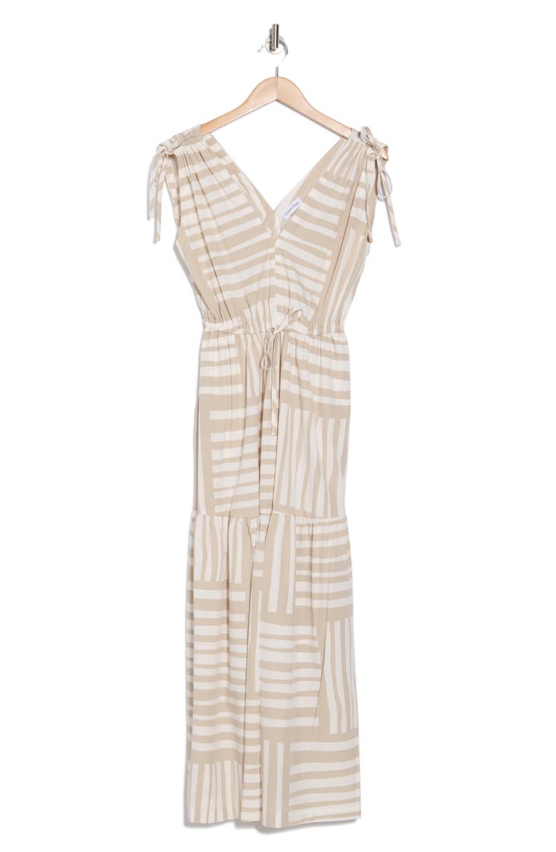 Calvin Klein Stripe V-Neck Drawstring Maxi Dress, Alternate, color, 