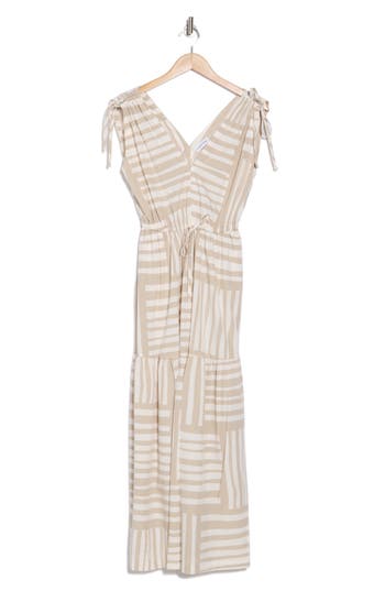 CALVIN KLEIN CALVIN KLEIN STRIPE V-NECK DRAWSTRING MAXI DRESS 