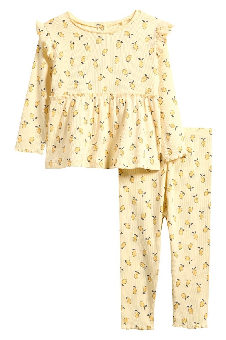 Lemon Print Peplum Top & Leggings Set, Main, color, YELLOW