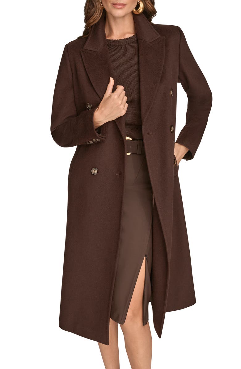 Donna Karan New York Tailored Double Breasted Wool Blend Coat, Alternate, color, Chocolate Plum