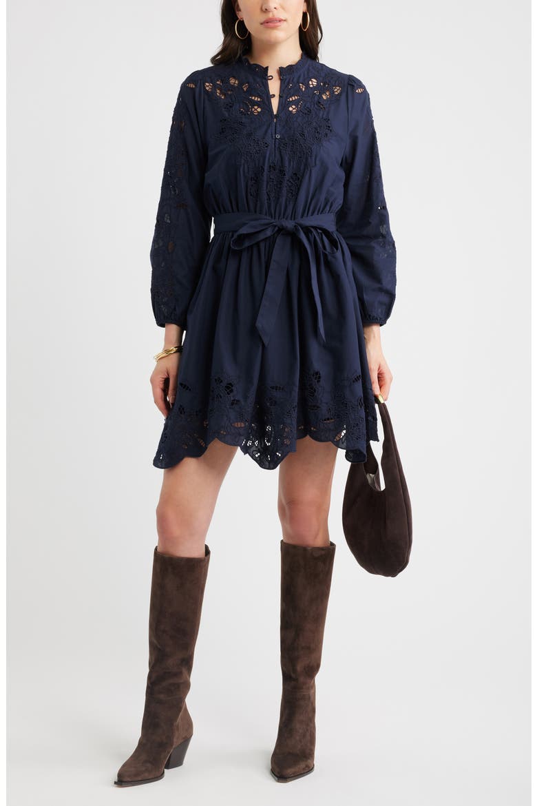 Embroidered Long Sleeve Tie Waist Minidress, Main, color, NAVY NIGHT