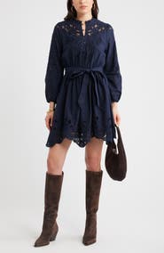Chelsea28 Embroidered Long Sleeve Tie Waist Minidress
