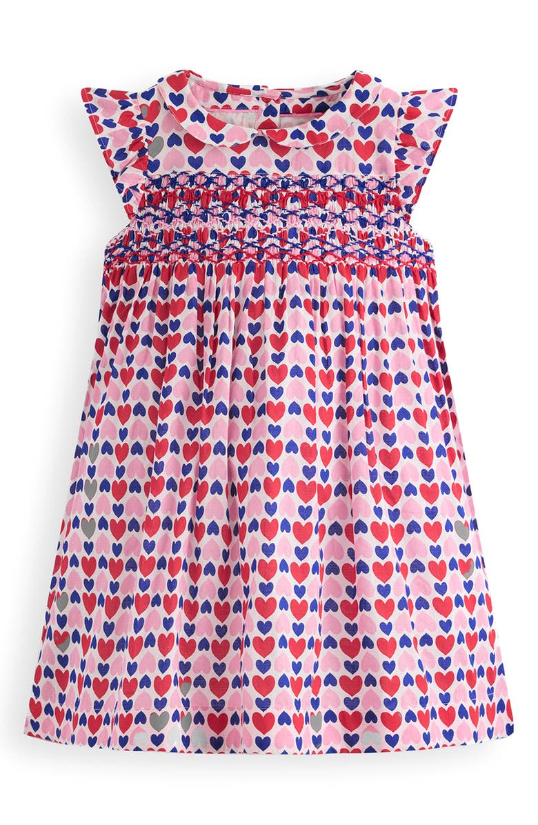 Mini Boden Kids' Adeline Heart Print Smocked Cotton Dress, Main, color, Poppy Red Geo Heart