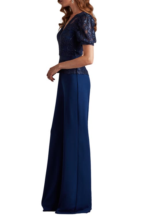 Tadashi Shoji Ziya Embellished Puff Sleeve Jumpsuit In Blue
