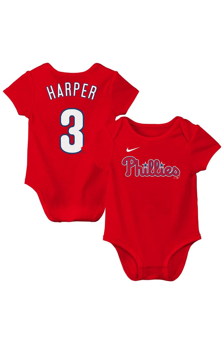 Nike Newborn Nike Bryce Harper Red Philadelphia Phillies Name & Number Fuse Bodysuit, Main, color, 