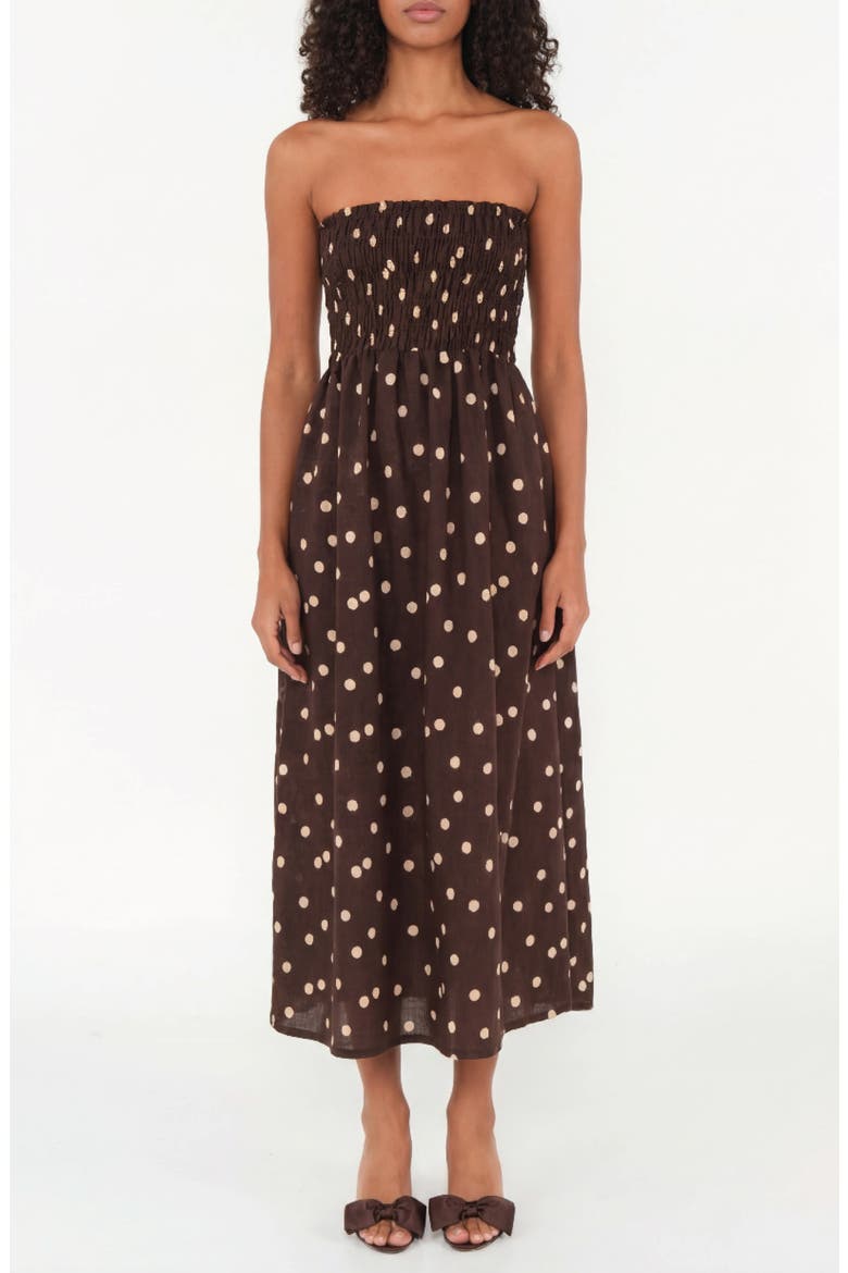 Drift Polka Dot Strapless Smocked Bodice Linen & Cotton Sundress, Main, color, POLKA DOT BROWN