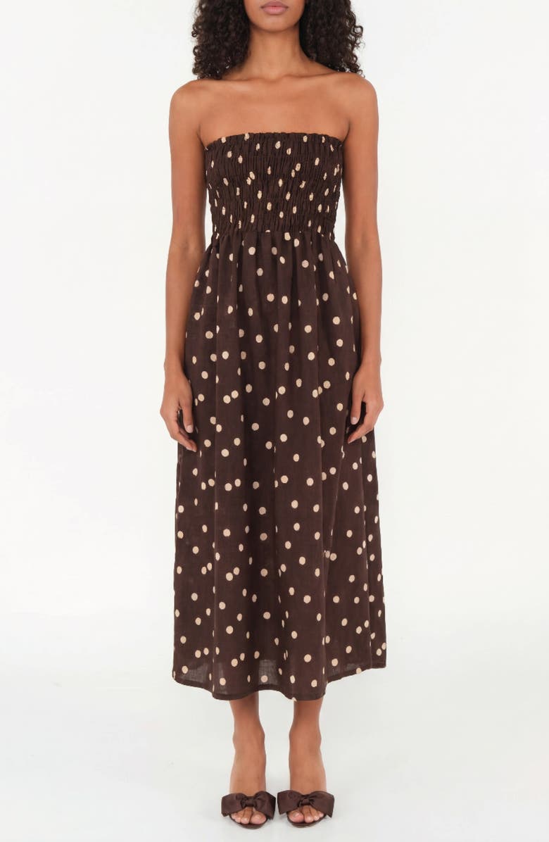 The Lulo Project Drift Polka Dot Strapless Smocked Bodice Linen & Cotton Sundress, Main, color, Polka Dot Brown