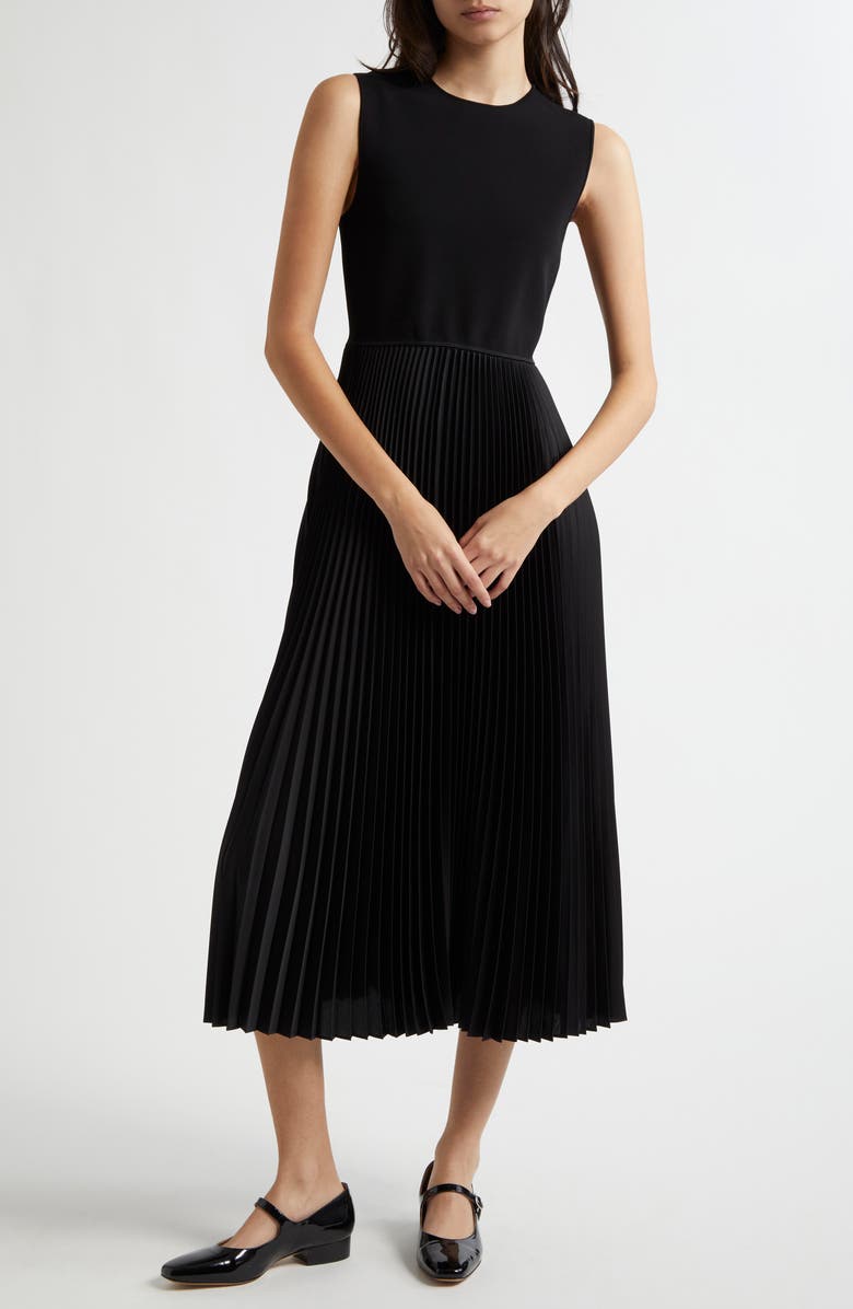 Theory Sleeveless Pleated Midi Dress, Main, color, Black