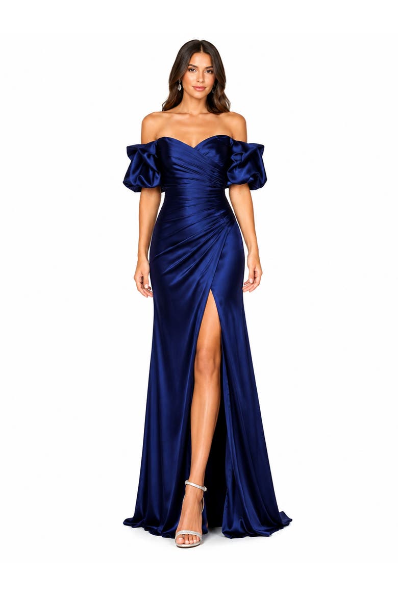 Off Shoulder Satin Dress with Slit, Main, color, Gunmetal