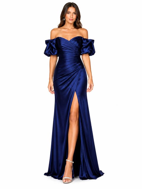 Off Shoulder Satin Dress with Slit