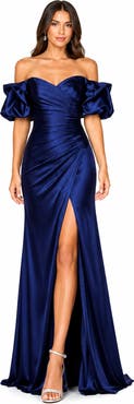 LARA New York Off Shoulder Satin Dress with Slit
