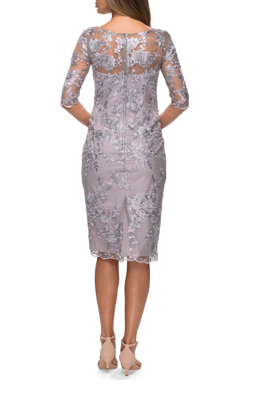 La Femme Tea Length Lace Gown With Three Quarter Sleeves In Lavender/gray