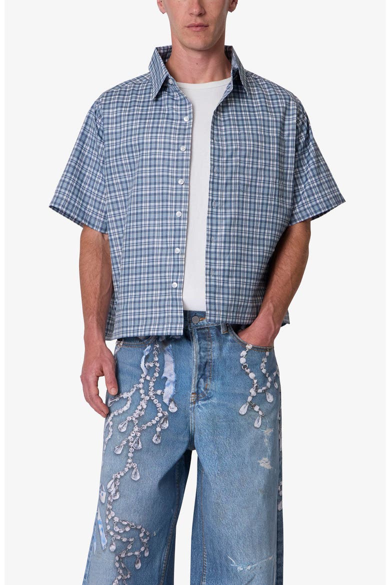 Plaid Poplin Cropped Short Sleeve Shirt, Alternate, color, BLUE