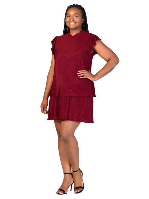 24seven Comfort Apparel Ruffle Cap Sleeve High Neck Pleated Tiered Mini Dress In Red