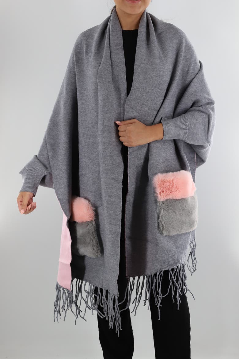 Wrap with Faux Fur Pockets, Main, color, Grey/Pink