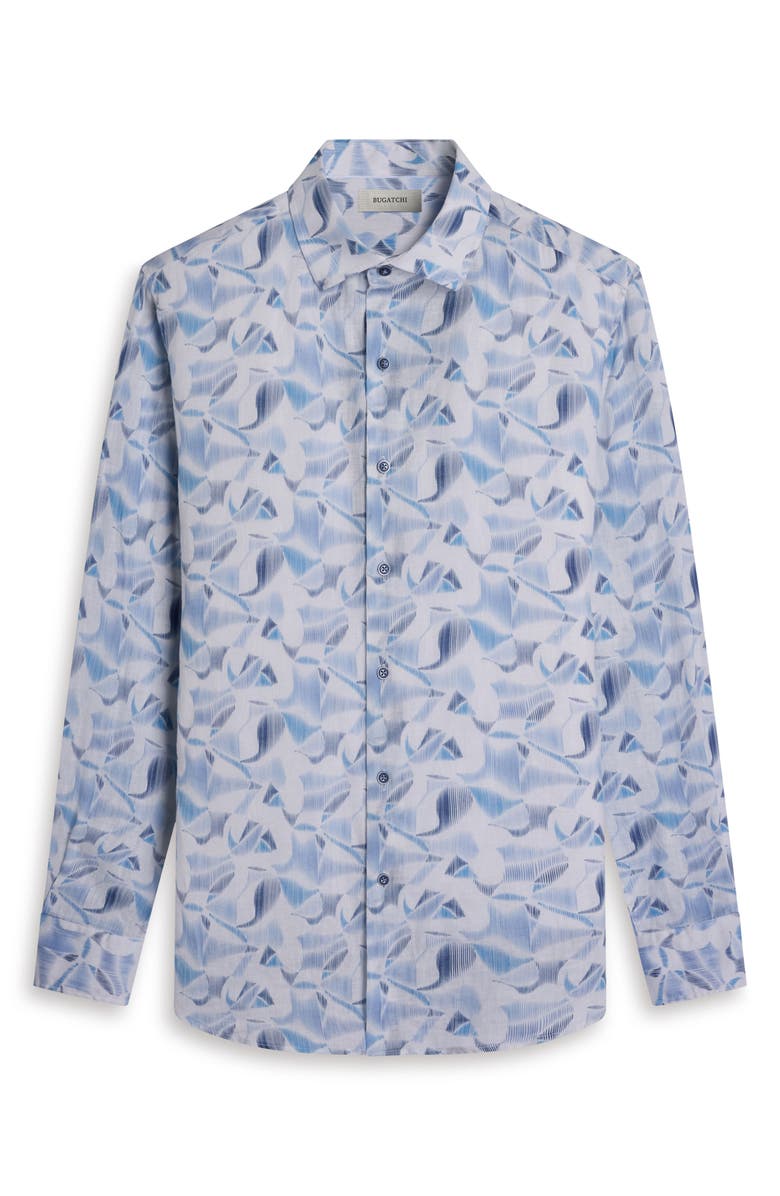 Bugatchi Julian Shaped Fit Abstract Print Linen Button-Up Shirt, Alternate, color, Air Blue
