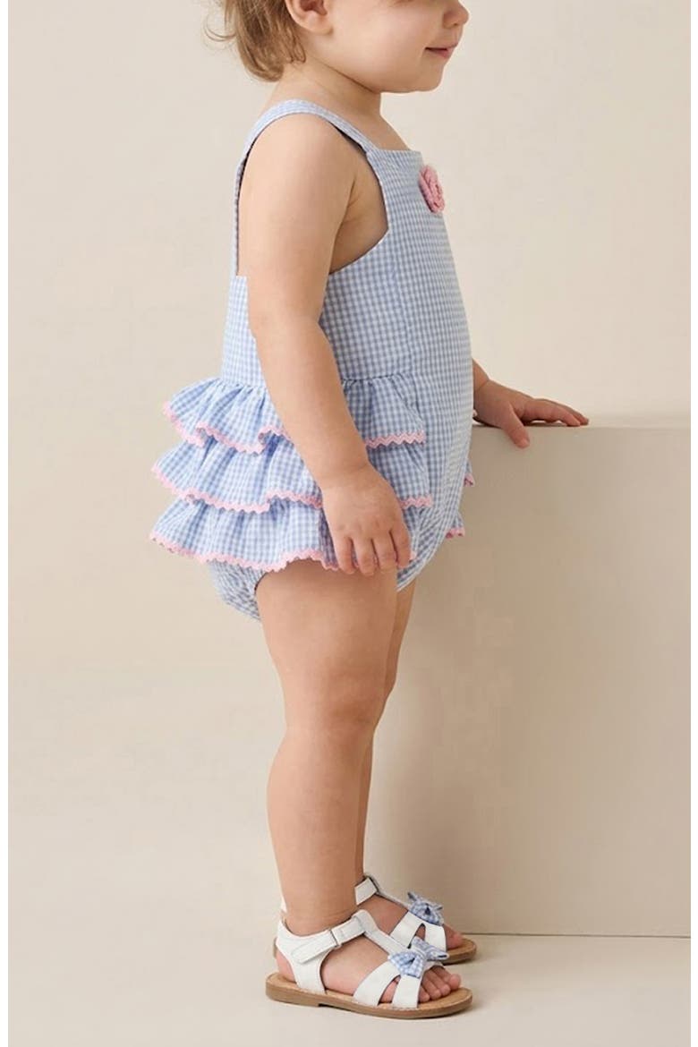 Seersucker Ruffle Sunsuit, Alternate, color, BLUE/ WHITE