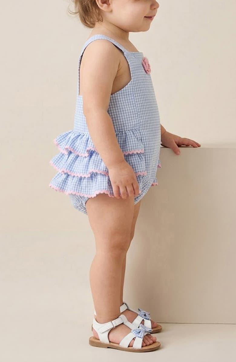 Pippa & Julie Seersucker Ruffle Sunsuit, Alternate, color, Blue/ White
