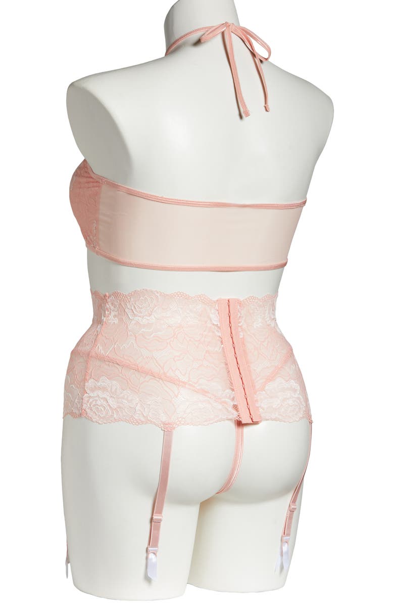 Coquette Crop Halter Top, Garter Belt & G-String Thong, Alternate, color, Pink