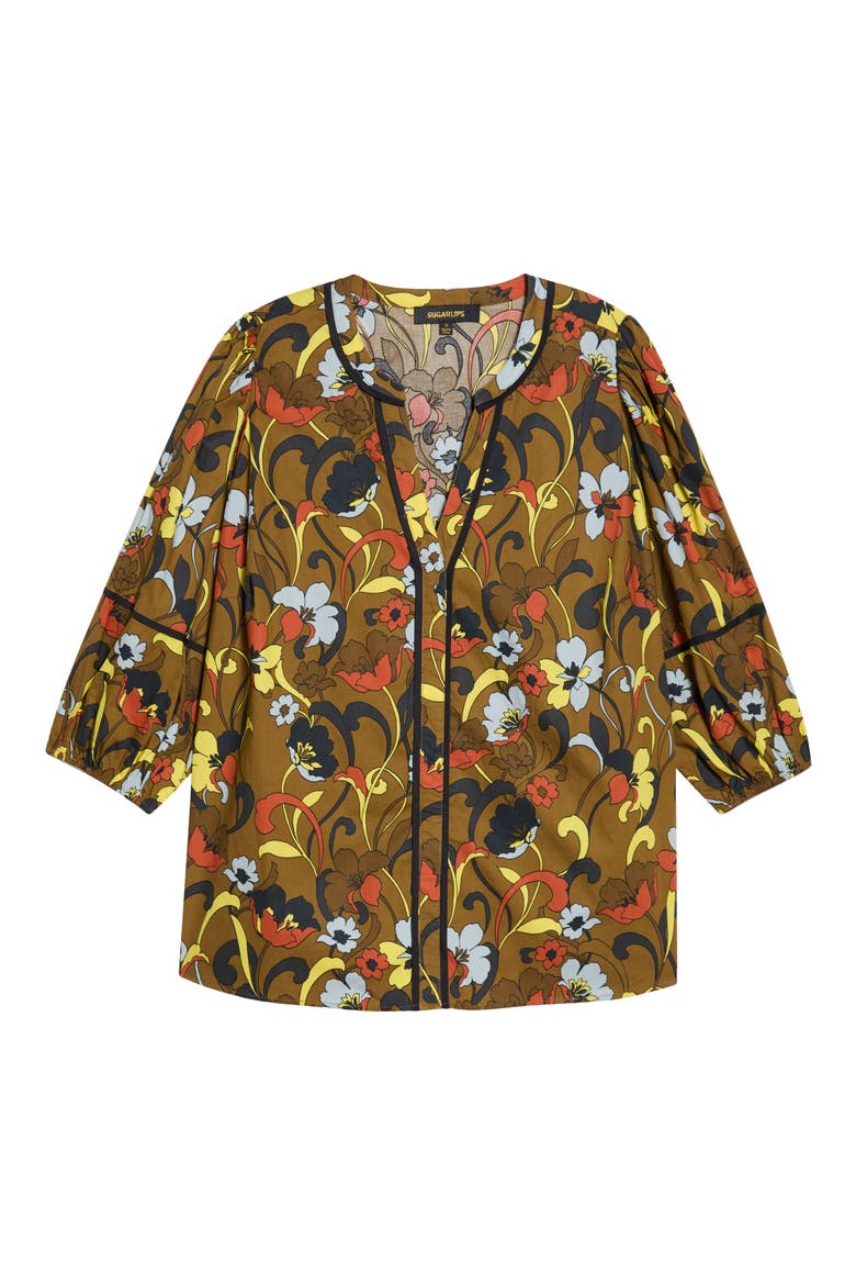 Floral Print Split Neck Cotton Top, Alternate, color, BROWN MULTI