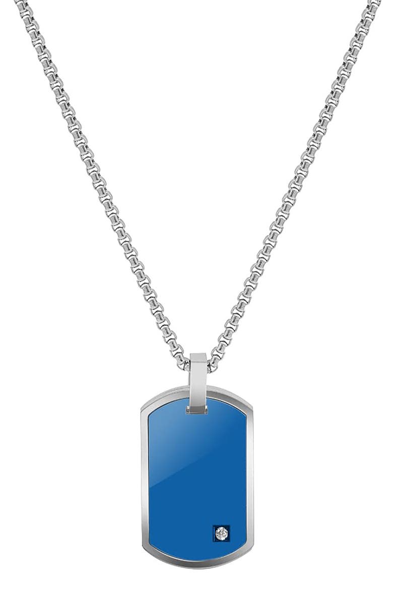 Men's Stainless Steel Cubic Zirconia Dog Tag Pendant Necklace, Main, color, BLUE