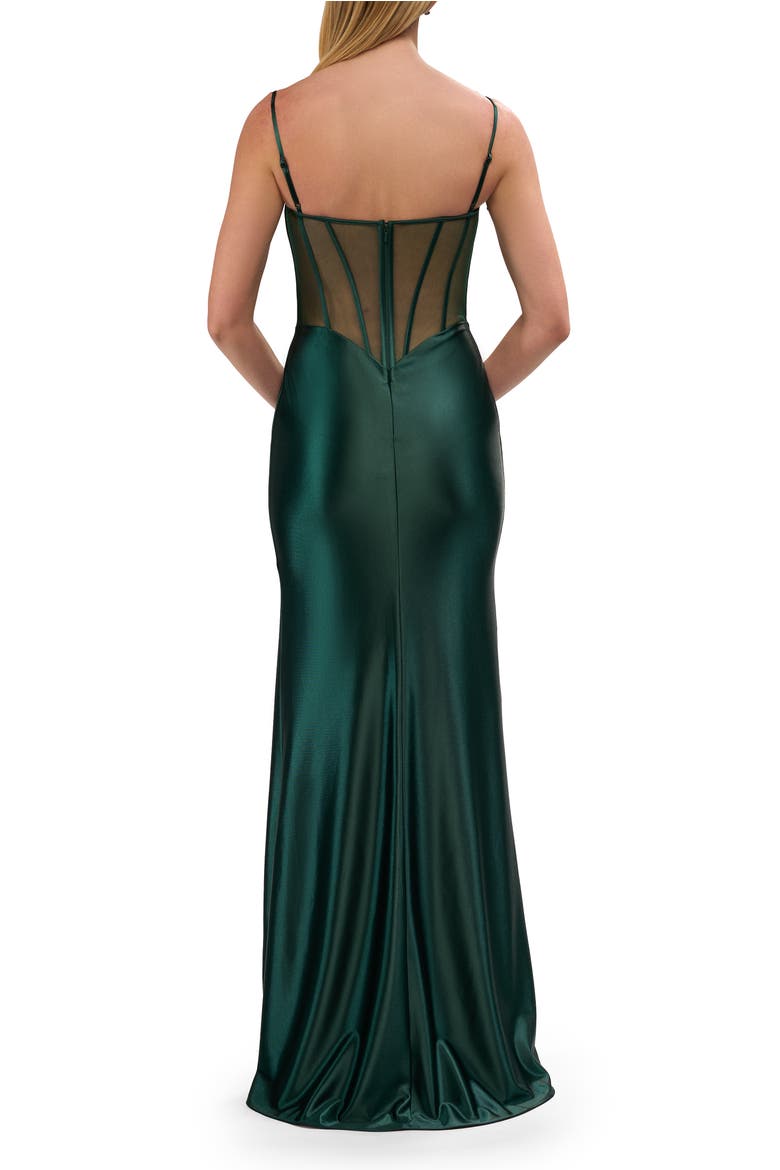 Chic Stretch Satin Dress with Illusion Mesh Back, Alternate, color, Dark Emerald