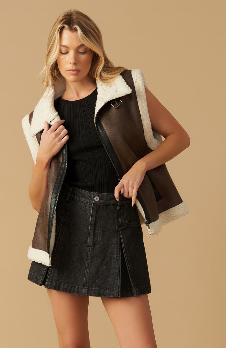 FLYING TOMATO Faux Shearling Trim Faux Leather Vest, Alternate, color, Brown