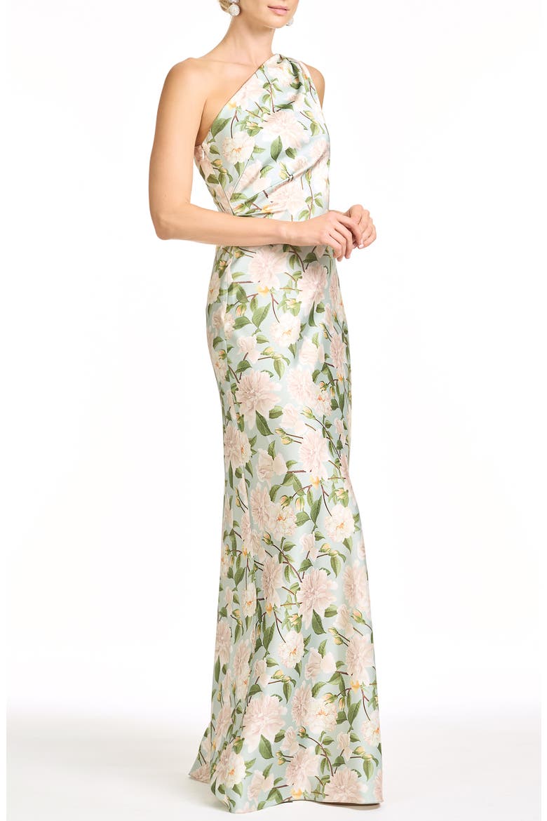 Delphine Floral One-Shoulder Gown, Alternate, color, CELADON SWEETBRIAR