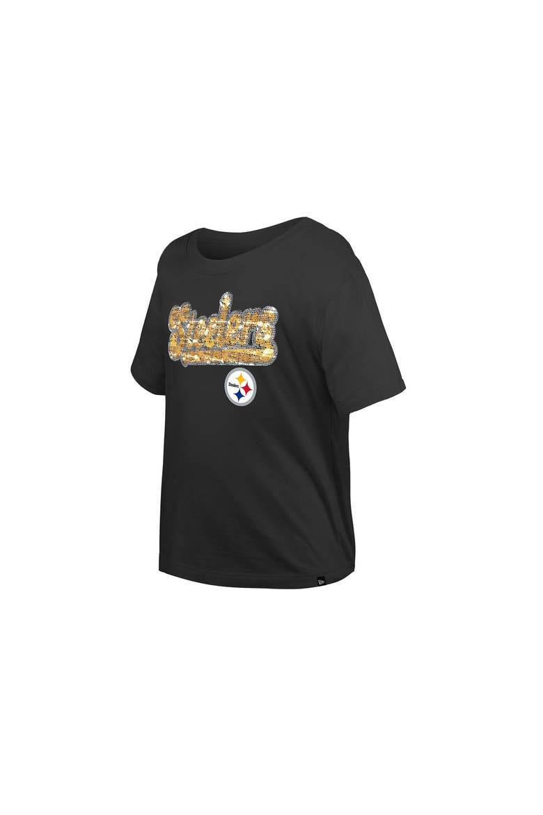 Girls Youth New Era  Black Pittsburgh Steelers Flip Sequin Boxy T-Shirt, Alternate, color, Black