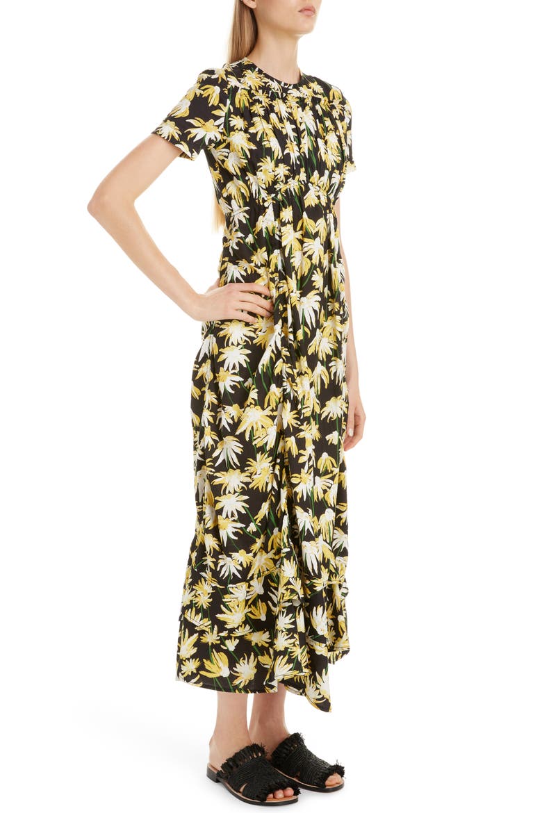 Daisy Print Gathered Cotton Midi Dress, Alternate, color, BLACK/ YELLOW