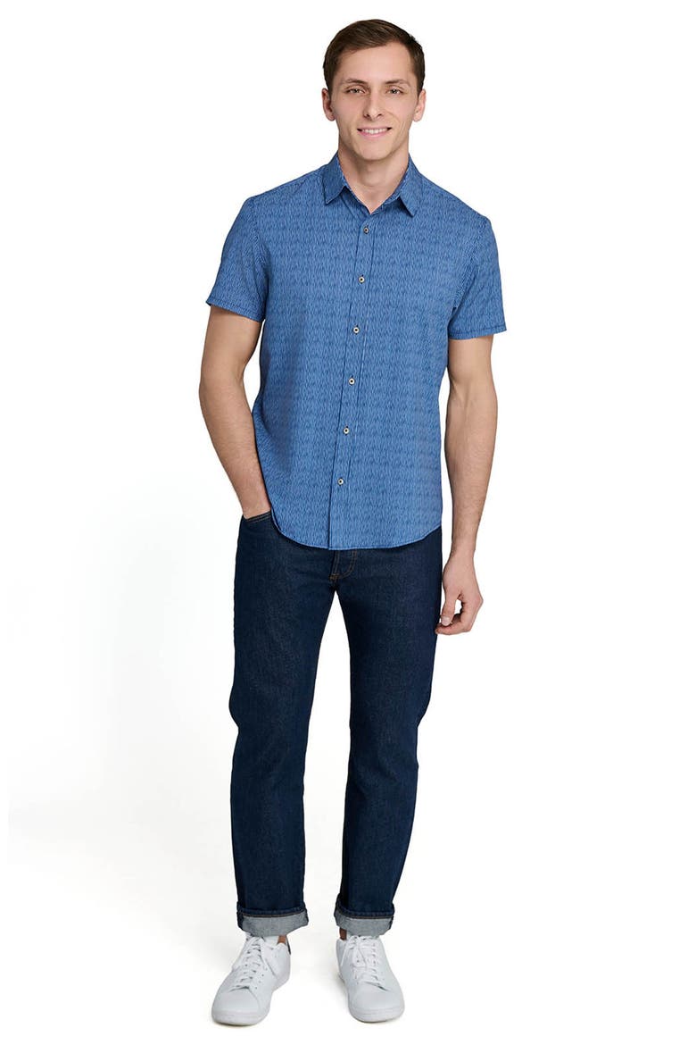 Basic Slim Fit Abstract Stripe Short Sleeve Performance Button-Up Shirt, Alternate, color, NAVY