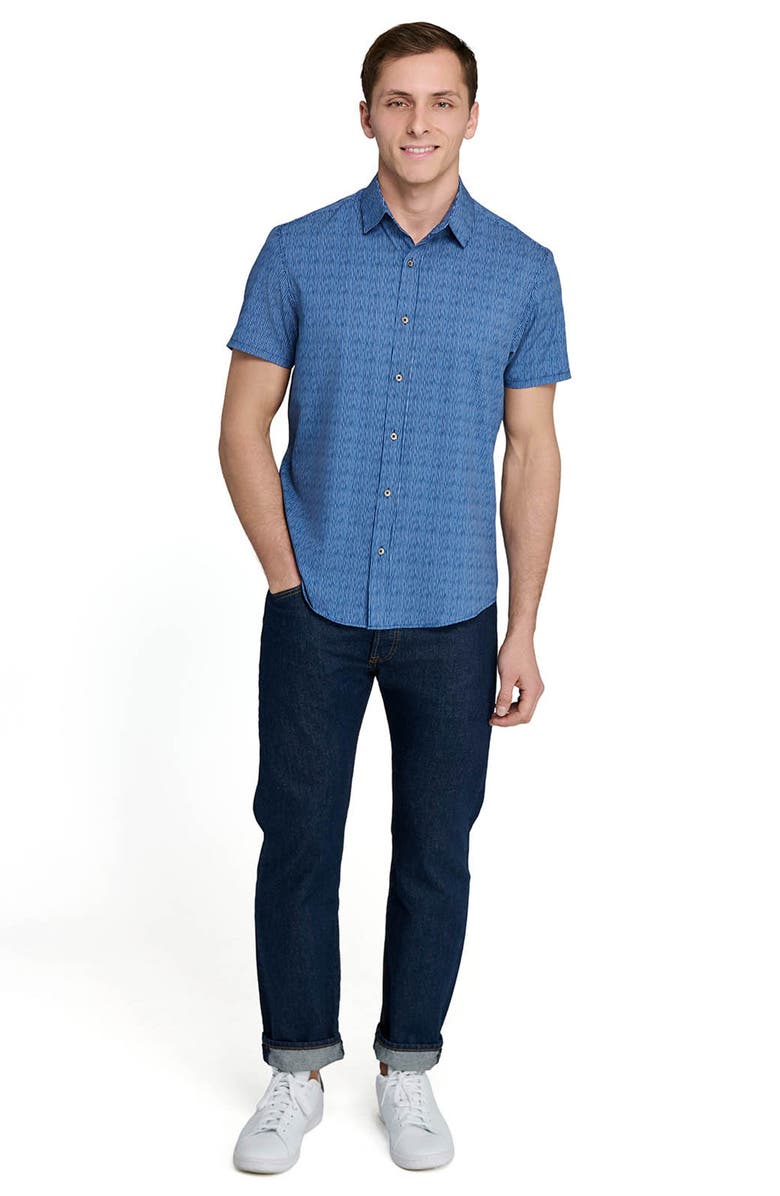 W.R.K Basic Slim Fit Abstract Stripe Short Sleeve Performance Button-Up Shirt, Alternate, color, Navy