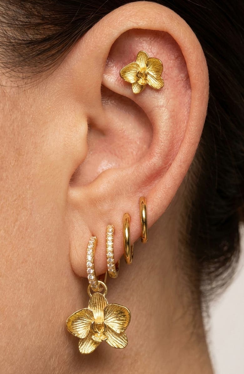 IMBER Set of 9 Orchid Hoop, Stud & Drop Earrings, Alternate, color, Gold