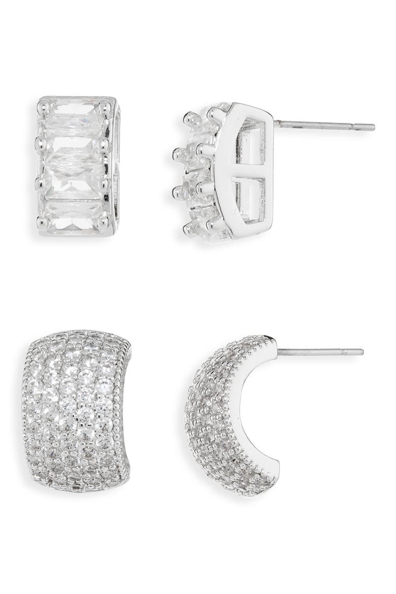 Set of 2 Cubic Zirconia Button Stud Earrings, Main, color, SILVER