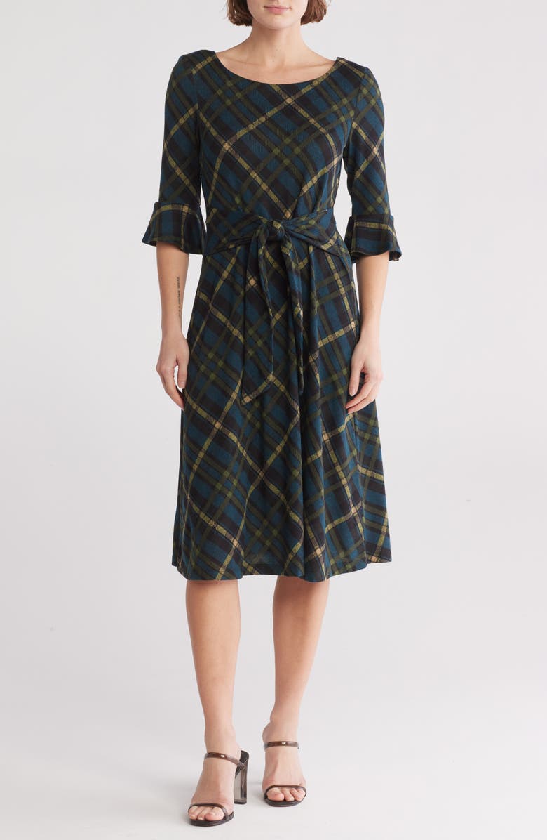 Connected Apparel Plaid Bell Sleeve Tie Midi Dress, Main, color, 