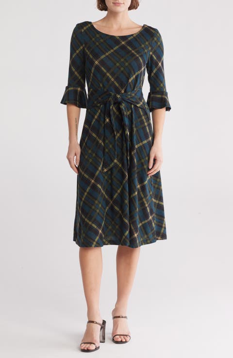 Plaid Bell Sleeve Tie Midi Dress