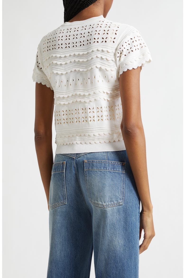 Abriana Eyelet Scallop Trim Cardigan, Alternate, color, COWRIE