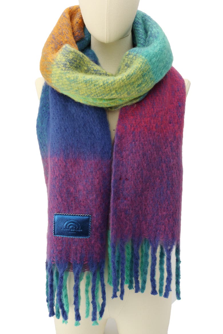Rainbow Check Fringe Scarf, Main, color, BLUE