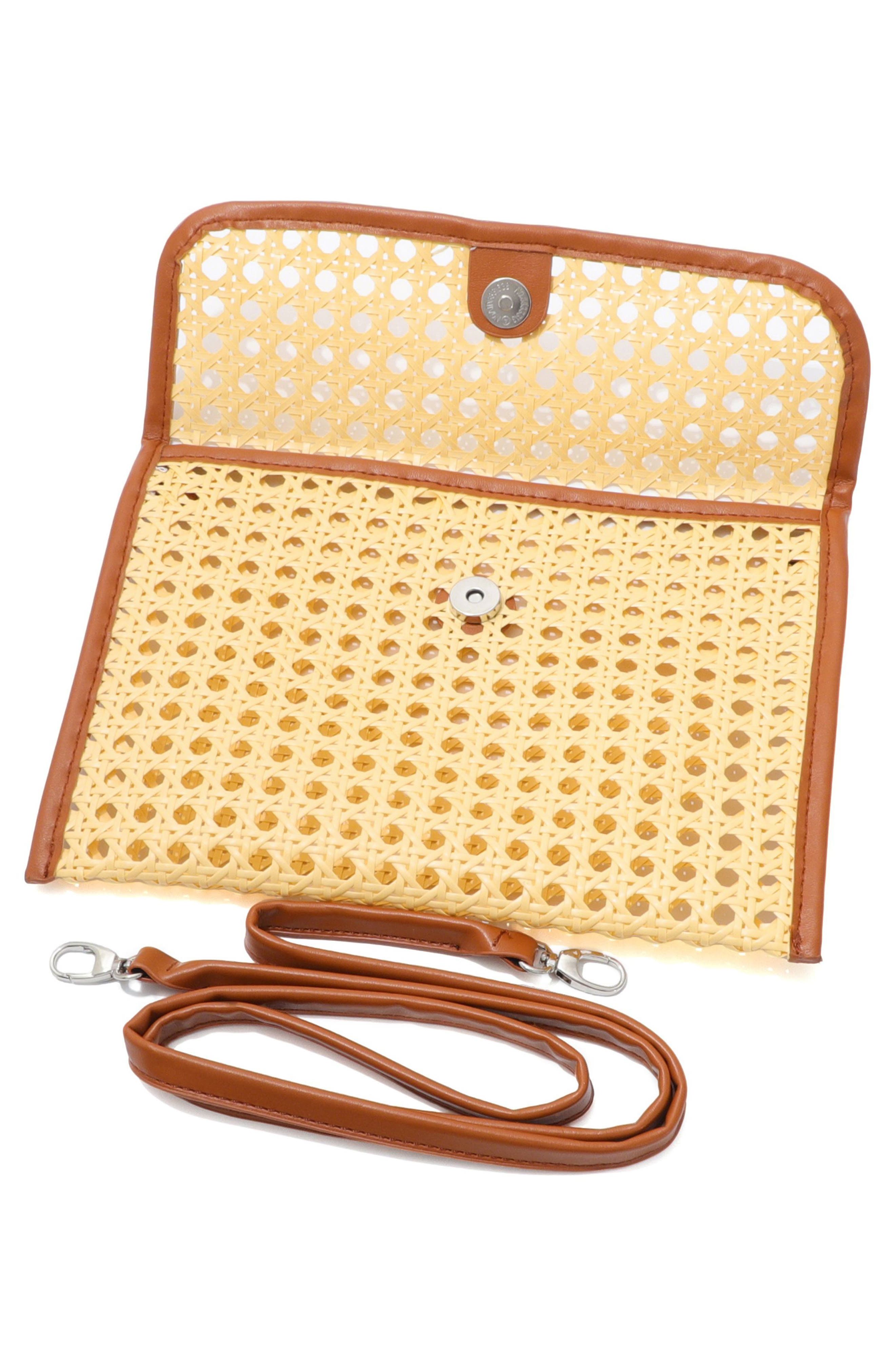 Rattan & Faux Leather Clutch, Alternate, color, BROWN/ TAN