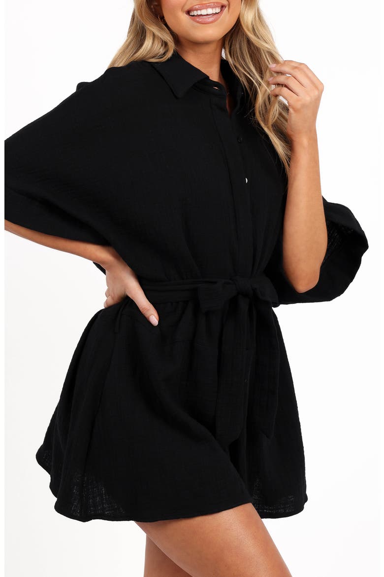 Jemmy Tie Waist Cotton Gauze Romper, Alternate, color, BLACK