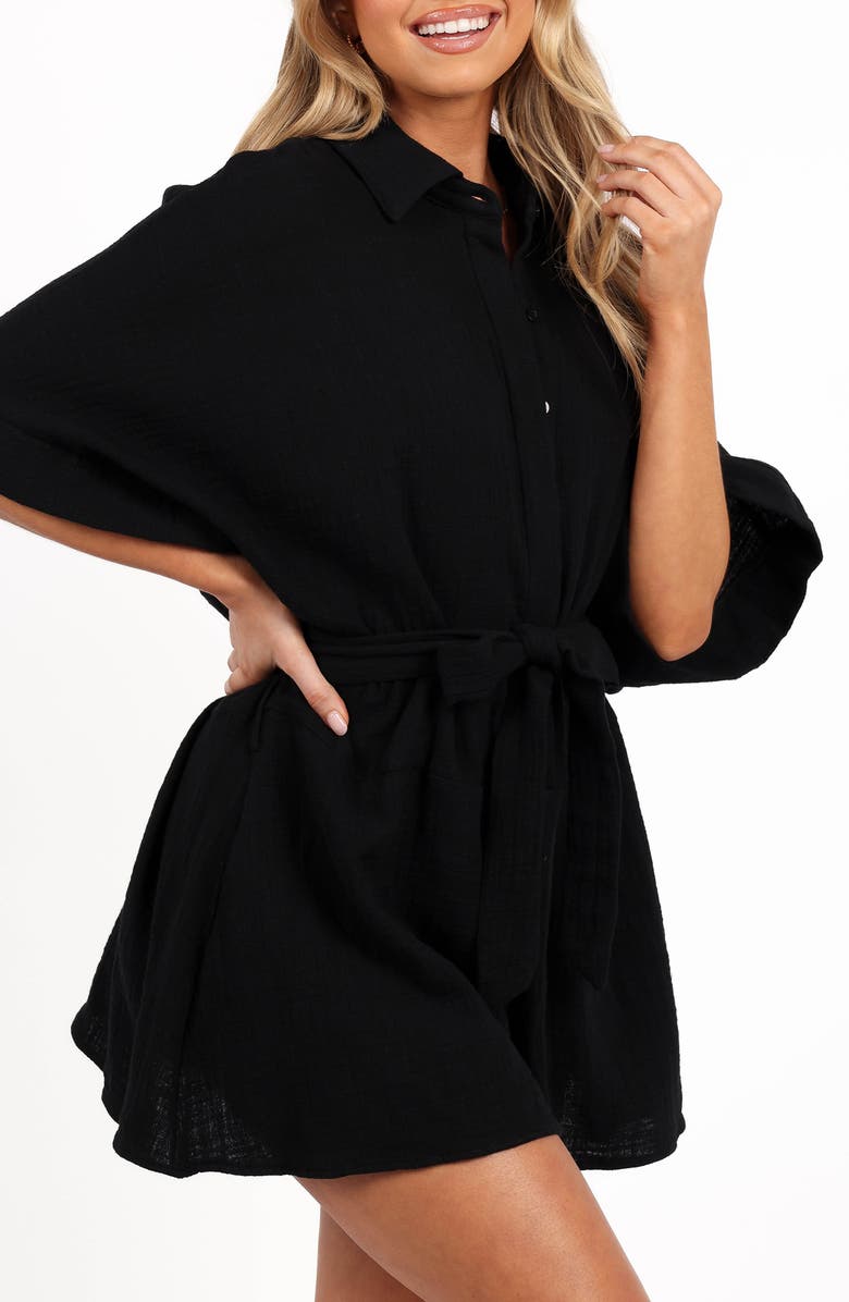 Petal & Pup Jemmy Tie Waist Cotton Gauze Romper, Alternate, color, Black