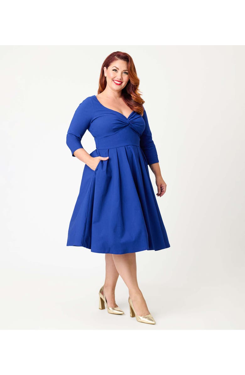 Unique Vintage Plus Size 1950s Front Twist Swing Dress, Alternate, color, Royal Blue