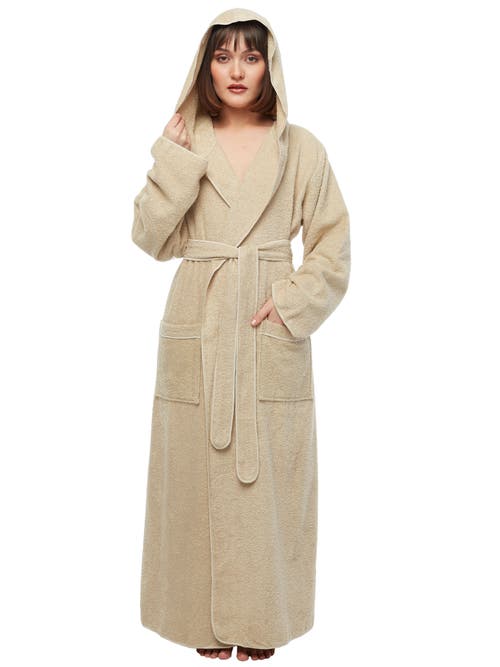 Arus Ankle Length Long Cotton Robe With Hood In Neutral