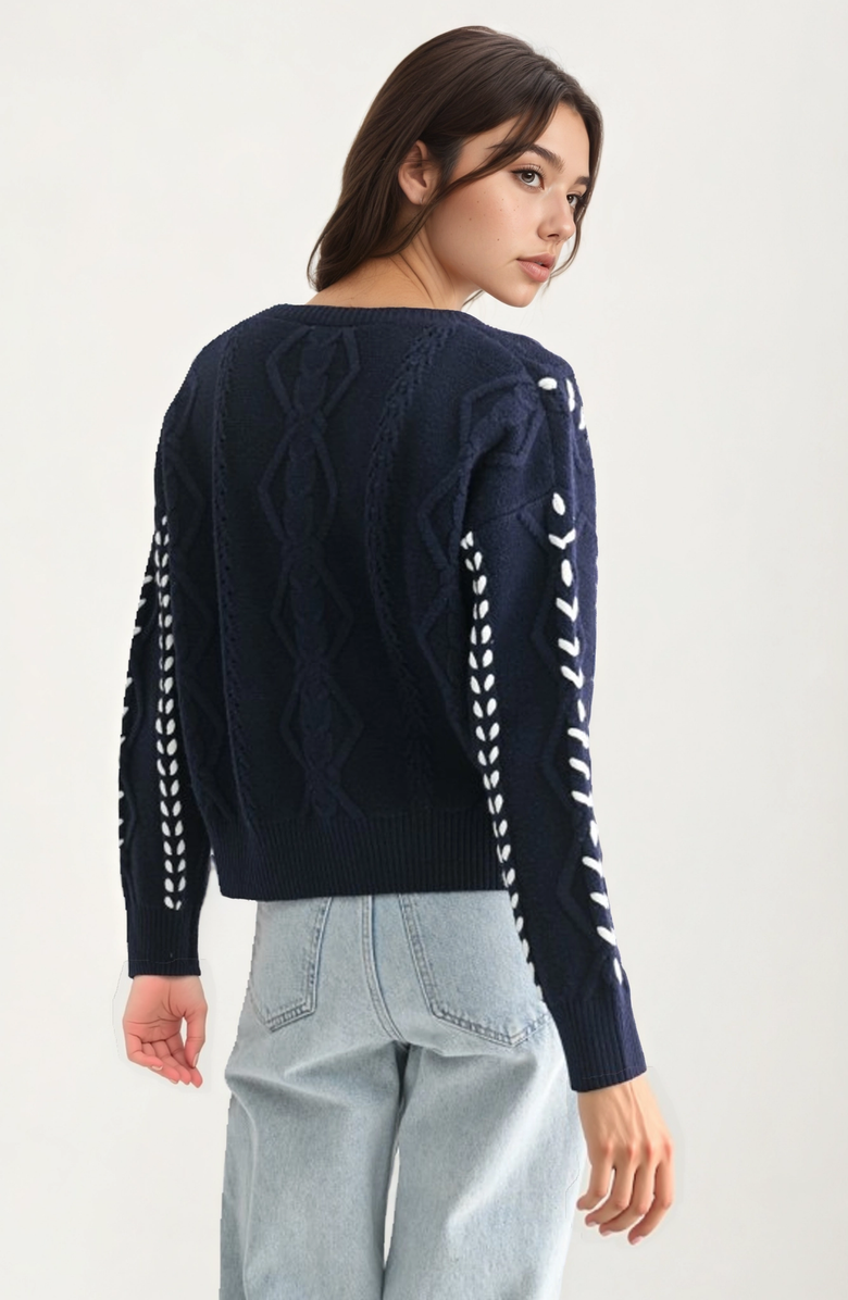Knit and Lounge Button Front Stitch Detailing Cardigan, Alternate, color, Navy Blue / White